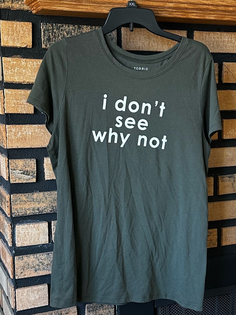 Torrid i don’t see why not Classic Fit Jersey Crew Neck Olive Green Graphic Tee